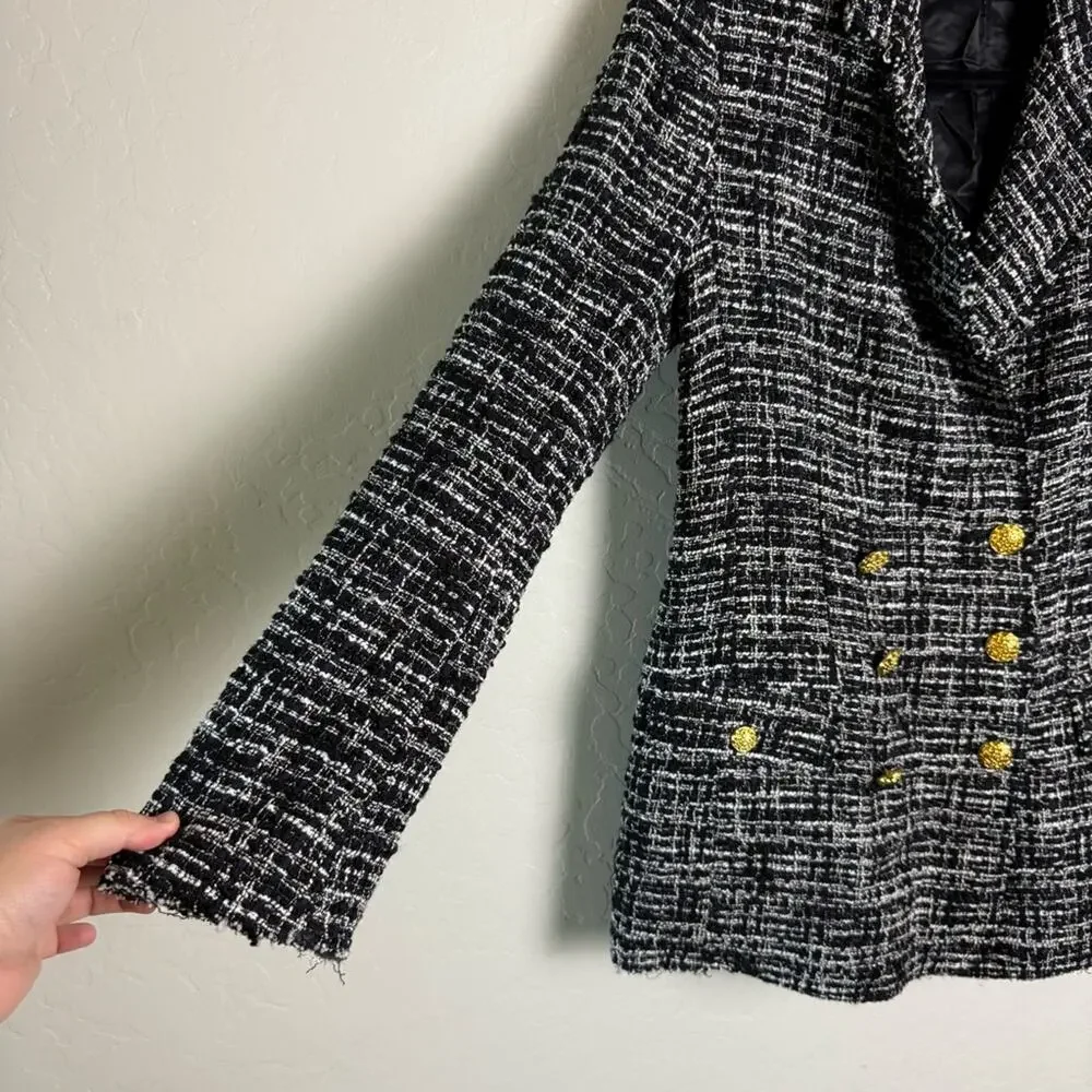 Zara Black Double Breasted Textured Tweed Blazer Small